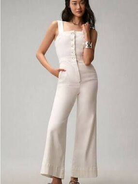 Anthropologie The Portside Button-Front Jumpsuit by Maeve: White Denim Edition